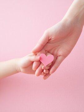 Mother's hand protecting child's hand holding a pink paper heart showing love and care