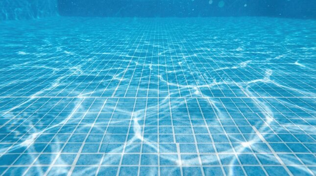 Underwater view of a swimming pool with tiled bottom and caustic light patterns