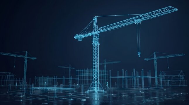 Digital twin construction technology visualizing glowing blueprint of industrial crane and residential building frameworks in virtual environment
