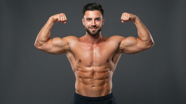 Muscular athletic man flexing biceps and abs
