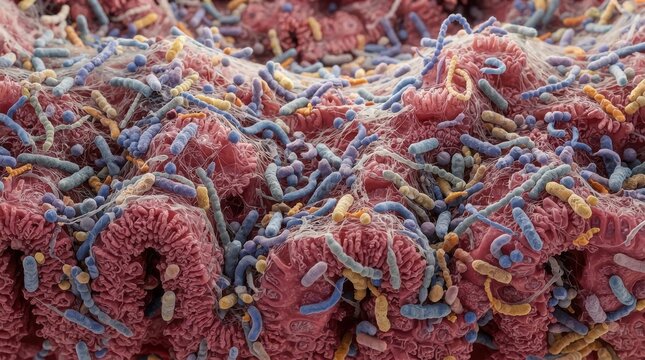 Microscopic view of human gut microbiome with bacteria and intestinal villi