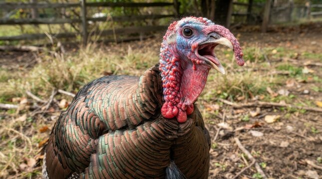 Close-up of a domestic turkey with open beak outdoors on a farm