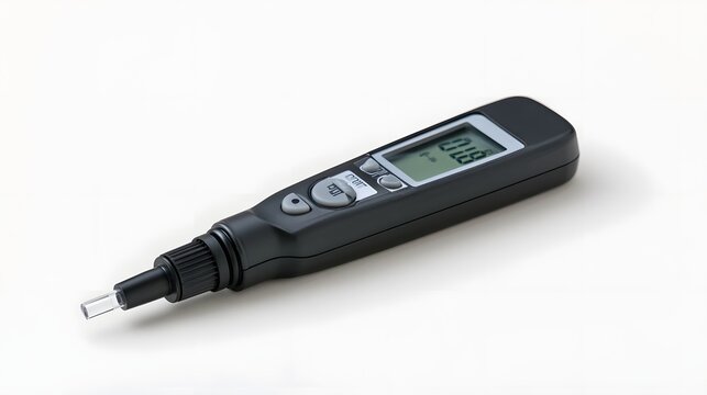 A sleek black handheld pH meter with digital display and measurement probe  resting on a plain white surface