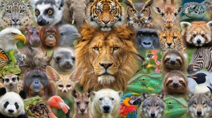 Naklejka premium Collage of diverse wild animals and birds faces portrait group