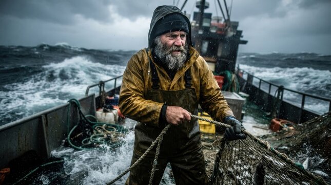 Fisherman hauling net on fishing boat in rough stormy sea