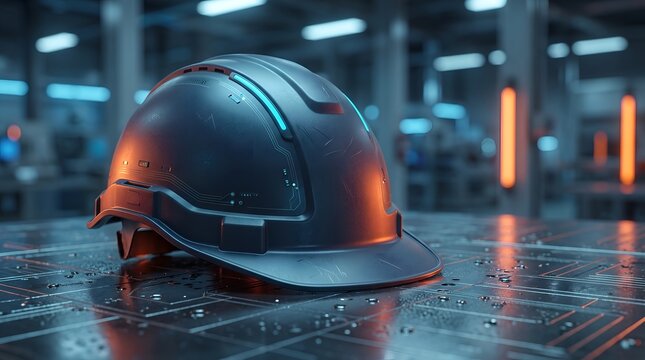 Smart safety helmet with glowing tech elements resting on a factory surface representing Industry 4.0 and advanced workplace protection