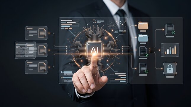 Artificial intelligence document management system hologram showing automated data processing and secure enterprise network integration