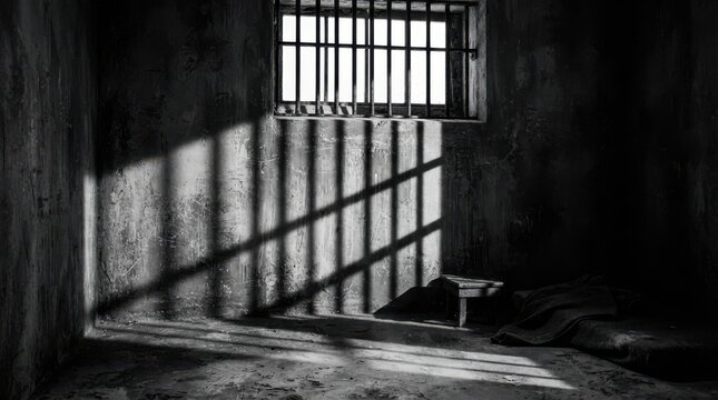 Dark and empty prison cell with window bars and light shining inside