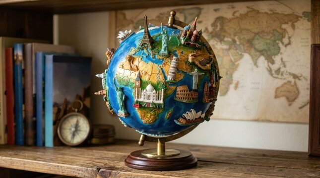 Globe with famous world landmarks and architecture on a wooden shelf