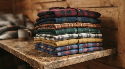 Naklejka premium Stack of colorful plaid flannel shirts on a rustic wooden table