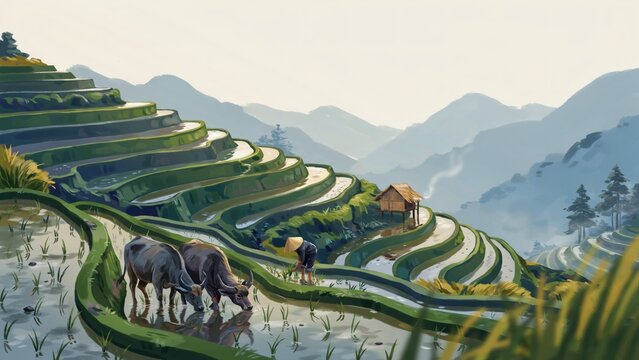 A farmer working with water buffalo in terraced rice fields nestled among misty mountain slopes with farmer wearing conical flooded rice terraces
