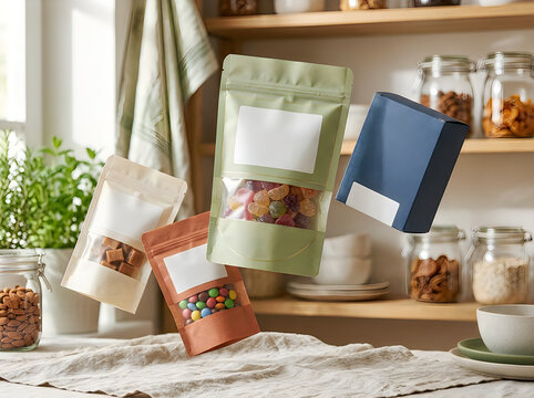 Floating snack pouches with candy in a cozy home kitchen
