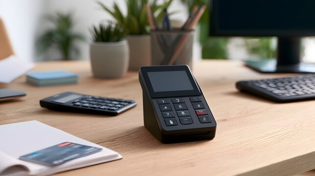 A black card reader sits on a wooden desk beside a calculator  notebook  and office supplies under bright daylight