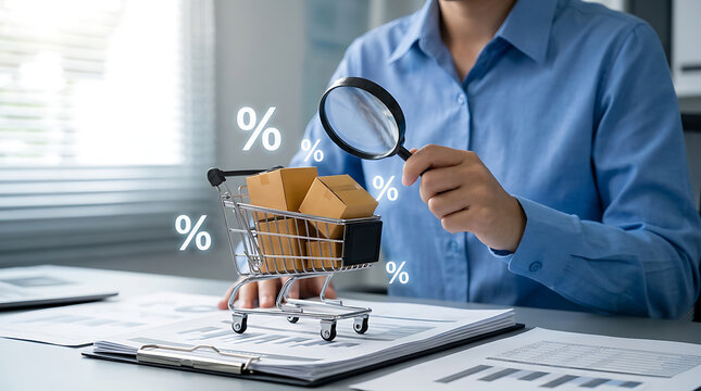 Businesswoman Analyzing ECommerce Sales With Magnifying Glass and Shopping Cart