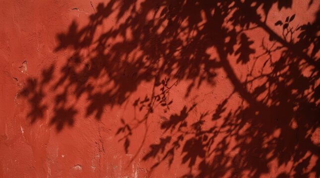 Tree shadow patterns on a red textured wall