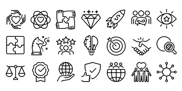 Business core values, mission and vision editable stroke line icon set. Corporate strategy, integrity, company culture, ethics, quality and success outline vector icons.