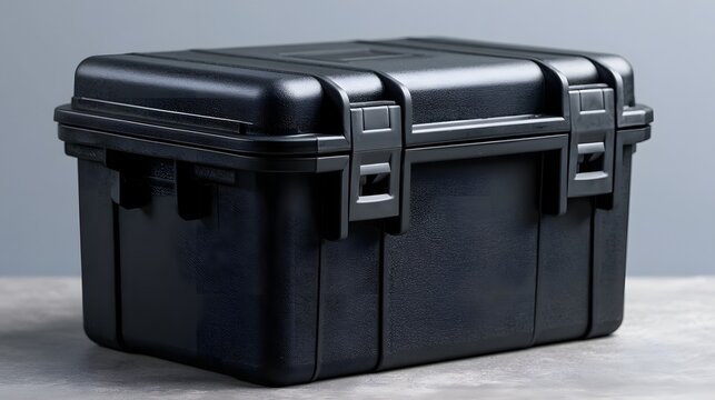 Black rugged storage case with latches on a gray surface under even lighting  showing textured plastic and secure closure mechanism