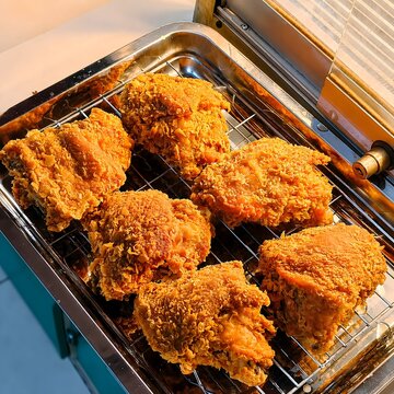 Crispy golden fried chicken pieces resting on a stainless steel wire rack inside display warmer