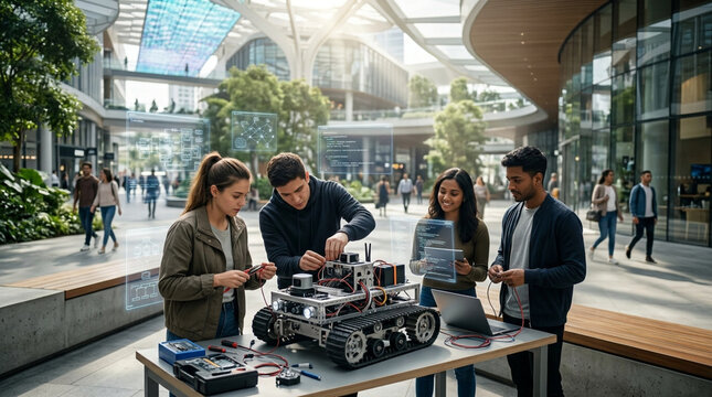Group of diverse engineering students assembling search and rescue rover robot outdoors on modern university campus