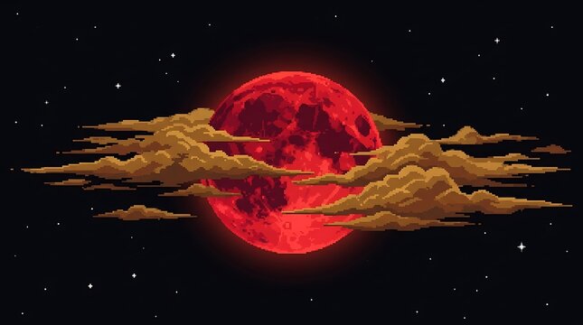 Pixel art red moon with dark clouds in the starry night sky
