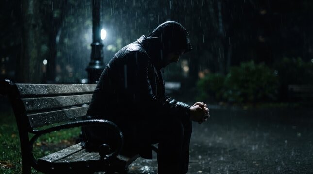 Sad man sitting alone on a park bench in the rain at night
