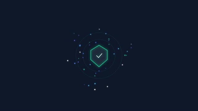 Digital security shield icon with check mark and glowing data particles on a dark blue background
