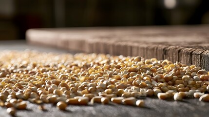 Obraz premium Close up of golden corn kernels scattered on a wooden surface with shallow depth of field and warm lighting