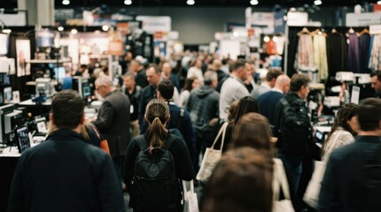 Fototapeta premium Crowd of people walking through a bustling trade show exhibition hall