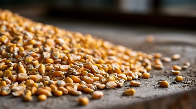 Close up of scattered yellow corn kernels on a textured surface with shallow depth of field and warm lighting