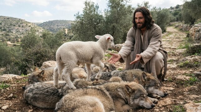 Man in historical robe smiling near a lamb standing on sleeping wolves on a rocky path