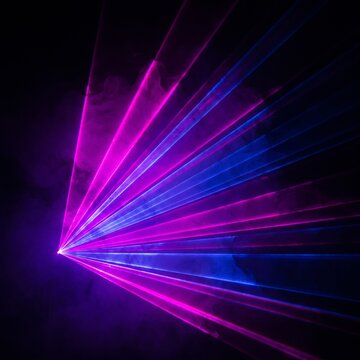 Magenta and sapphire laser ray burst on black background, dynamic neon stage light explosion overlay, festival concert visual effect