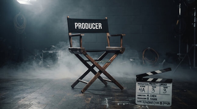 Vintage movie projector and film reel resting on a wooden table in front of a blank chalkboard frame in an empty classroom