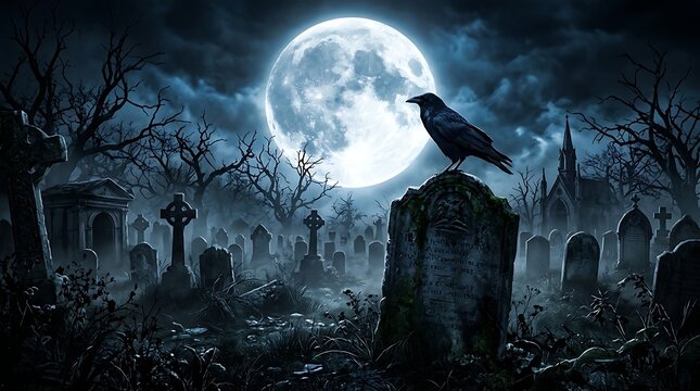 Black crow sitting on a tombstone in a spooky graveyard under a full moon