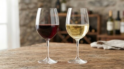 Fototapeta premium Two glasses of red and white wine on a wooden table in a winery cellar