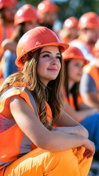 Female worker in reflective safety jacket focusing during an industry event