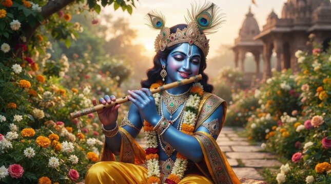 Hindu deity Krishna playing flute in garden with flowers and temple