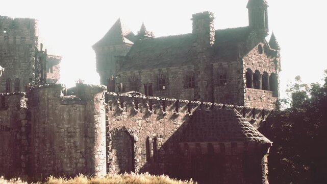 A stone castle stands in a natural setting with green grass in the foreground. The sun shines down on the structure, showing its tall towers and architectural details.