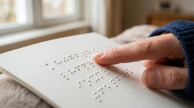 Close up of a finger reading braille on a book.