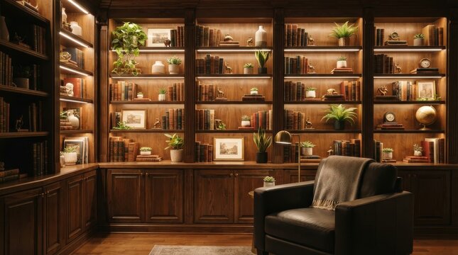 Cozy home library with large wooden bookshelves, warm lighting, and a black armchair