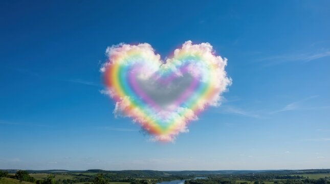 Heart-shaped cloud with rainbow colors in a blue sky above landscape