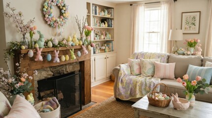 Naklejka premium Living room decorated for Easter with spring flowers, mantel garland and pastel decor