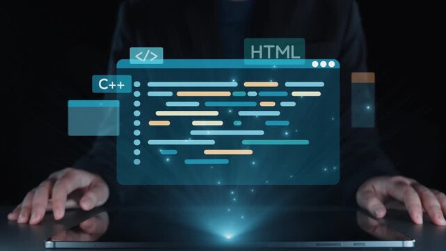 A modern workspace showcasing coding languages like HTML, Java, and Python floating above a laptop. This image represents innovation and creativity in technology. Qubit