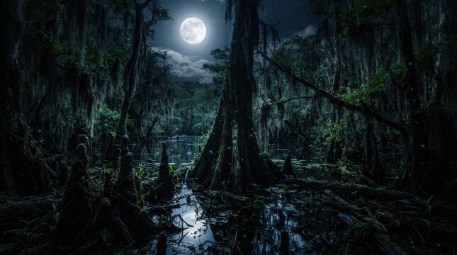 Mystical swamp at night with glowing fireflies under full moon
