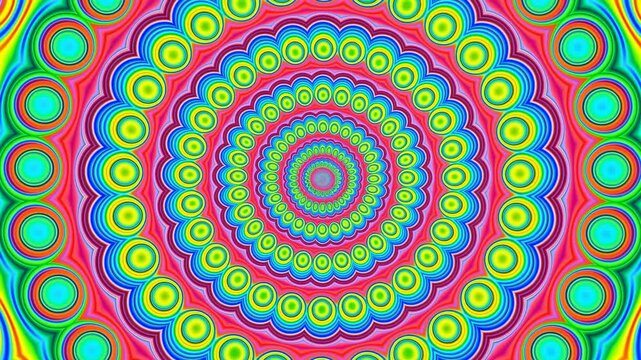 Colorful concentric circular pattern slowly expands toward viewer, filling frame with repeating rings, scalloped contours, bright gradients, and centered radial symmetry