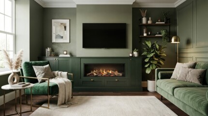 Naklejka premium Modern green living room interior with fireplace and television