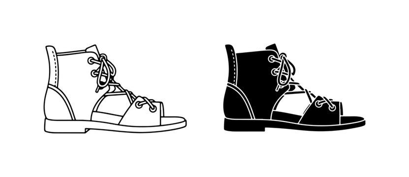 Gladiator Sandals, Roman Footwear, Ancient Shoes, Historical Fashion, Black and White Vector Icons