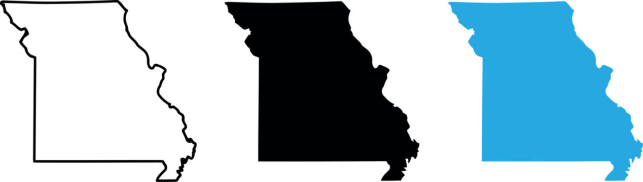 Missouri state outline map vector black white and blue illustration for design.