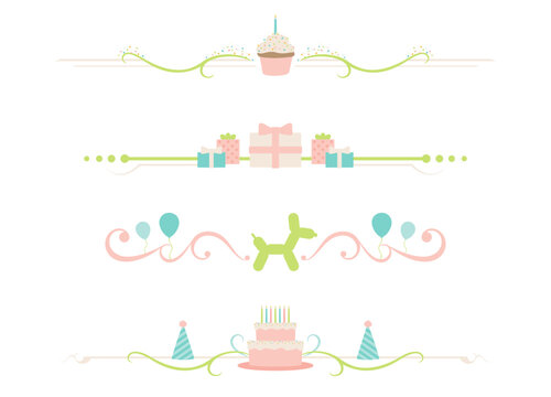 A set of birthday party themed divider lines, with cake, balloons, and gifts
