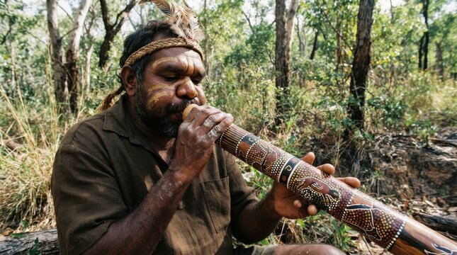 Indigenous man playing a didgeridoo in an Australian bushland setting