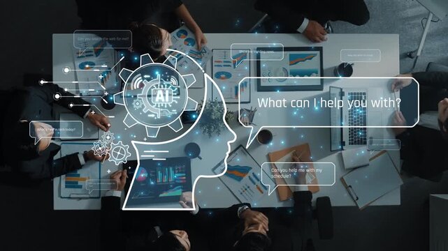 Engaging collaborative workplace scene showcasing business professionals utilizing AI technology for innovative solutions during a strategic meeting. Raster